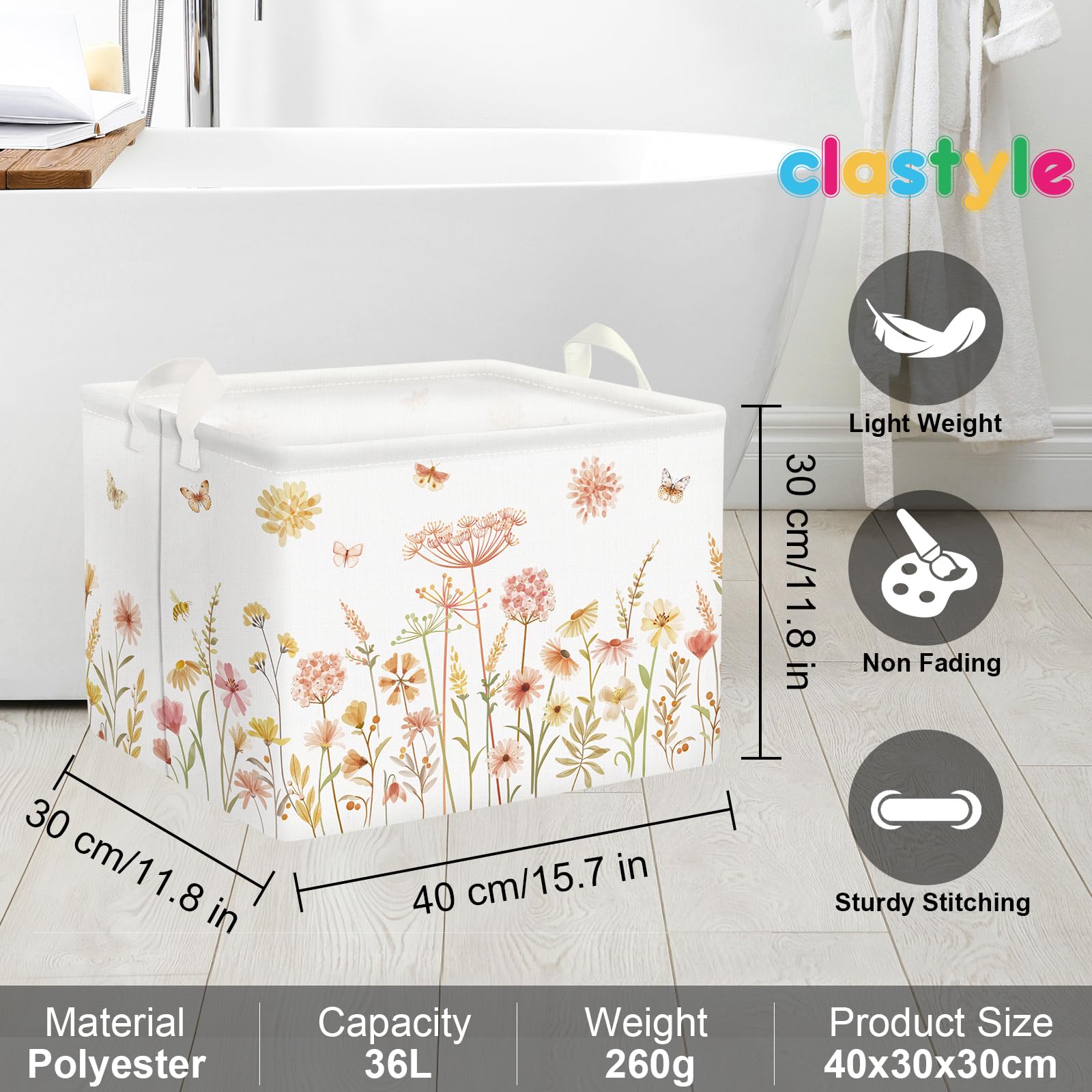 Clastyle Boho Flower Nursery Bin Spring Summer Wildflower Floral Dandelion Plant Butterfly Baby Girl Gift Basket Rectangle Clothes Towel Basket Book Toy Chest