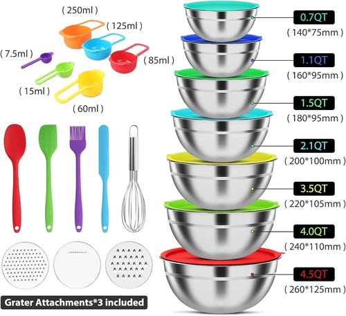 ENVTEK Mixing Bowls Set - 7 PCS Stainless Steel Bowls with Lids & Grater Attachments | Ideal for Cooking & Baking