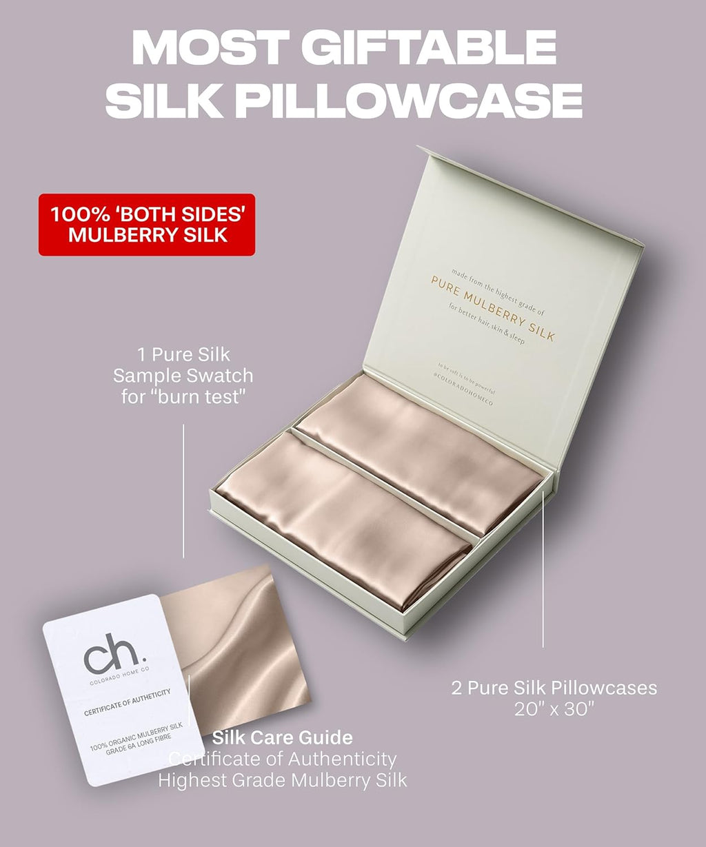 SUNDAYSILKS™ Silk Pillow Cases - 22 Momme Mulberry Silk Set of 2 | 100% Pure Slip Pillowcases for Couples - Standard/Queen/King Size [Nude Champagne]