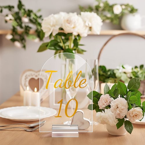 Qunclay 40 Pack 4 x 6 Inch Gold Acrylic Wedding Table Number 1-40 Clear Table Stand with Numbers Calligraphy Number Holders Signs for Wedding Reception Birthday Party Decorations
