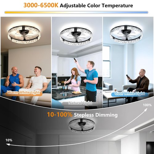Aphyni Ceiling Fans with Lights and Remote, Crystal-Edged Modern Flush Mount LED Fan Light, 6 Wind Speeds Low Profile Fandelier Ceiling Fan with Light for Bedroom, 3000-6500K Dimmable (19.7" Black)