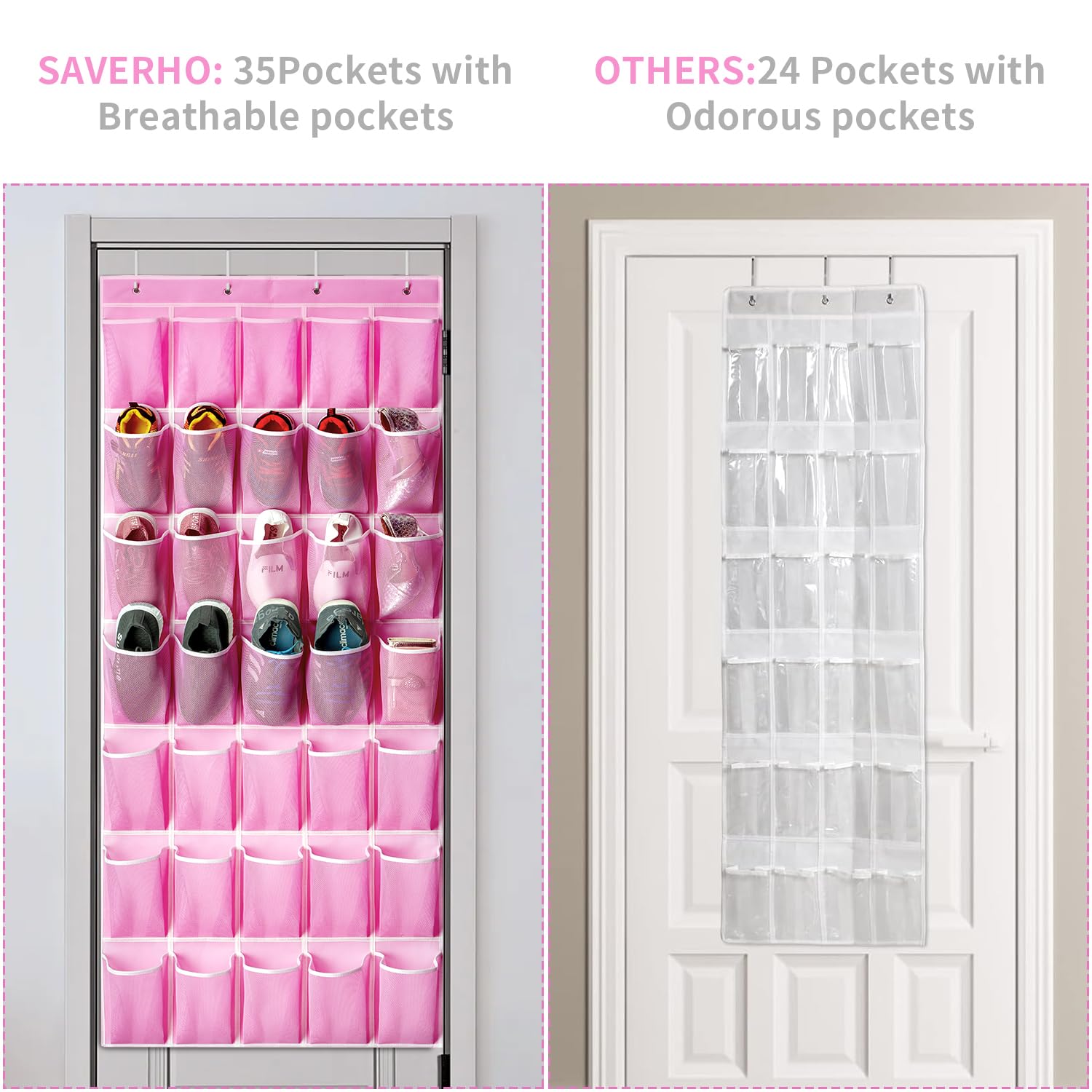 SAVERHO 35 Pockets Over the Door Shoe Organizer, Hanging Shoe Organizer for Door with 35 Mesh Pockets Large Capacity Shoe Hanging Storage Bag with 4 Metal Hooks (Pink-1Pack)