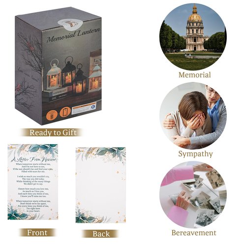 Sympathy Gifts for Loss of Loved One, Bereavement Memorial Lanterns with Card - Remembrance Gifts for Loss of Mother or Father with Candle and Remote (White)