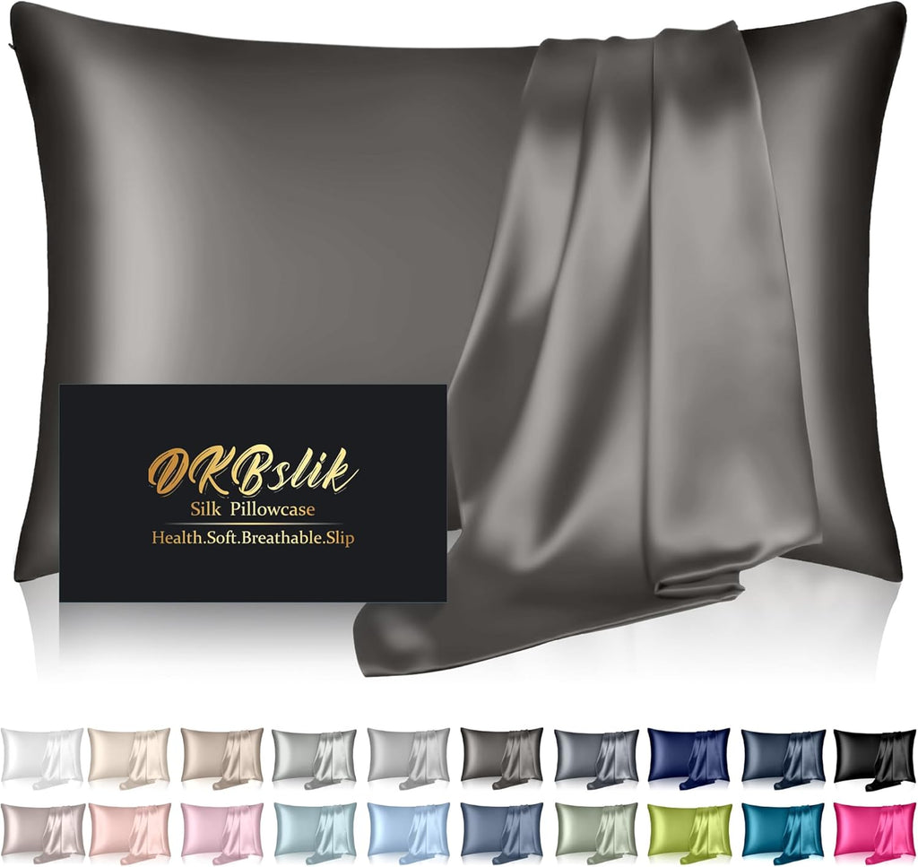 Skiennix Mulberry Silk Pillowcase - Anti-Acne Cooling King Size Cover | Dark Gray, Hidden Zipper