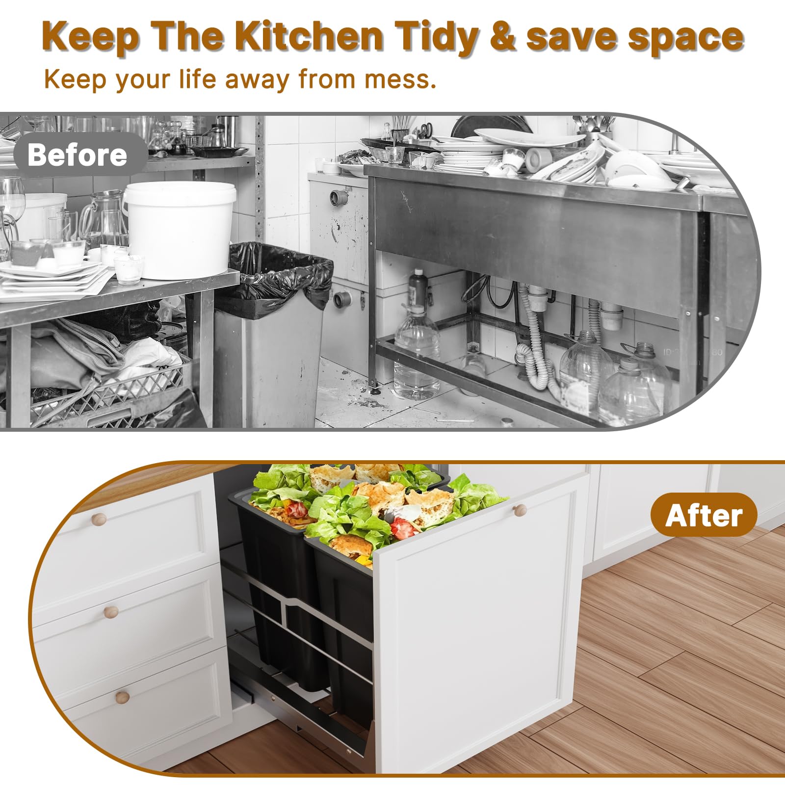 80QT Dual Pull Out Trash Can Under Cabinet with Soft-Close Slides, Heavy Duty Under Sink Trash Can Up to 130 LB for Kitchen, Garbage Can Not Included, Requires Minimum Cabinets Opening 16" W X 23" D