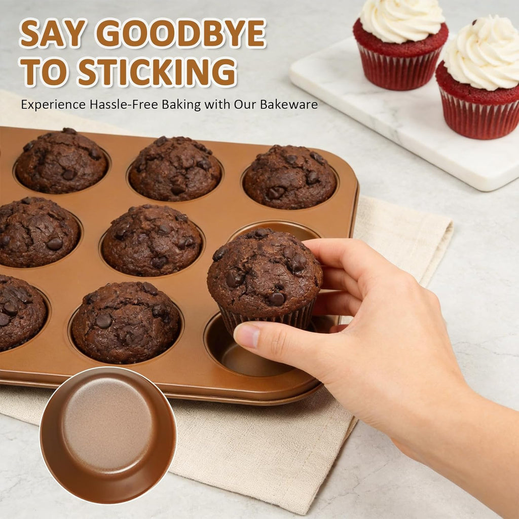 Nonstick Baking Pans Set by [Brand Name] - 10-Piece Bakeware Set | Oven & Dishwasher Safe, Non-Toxic, Includes Cookie Sheets, Muffin Pan, Bread Pan, Cake Pan, Loaf Pan, Roasting Pan in Gold