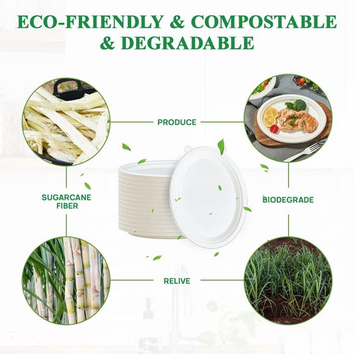 Vplus 300 Pack 100% Compostable Oval Paper Plates 12 inch Super Strong Disposable Paper Plates Bagasse Natural Biodegradable Eco-Friendly Sugarcane for BBQ, Party, Dinner, and Picnic
