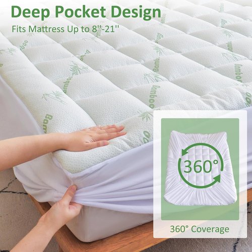 Bioeartha Cooling Mattress Topper Queen - Extra Soft Bamboo Pillow Top for Back Pain Relief | Deep Pocket Design Fits 8-21 Inch