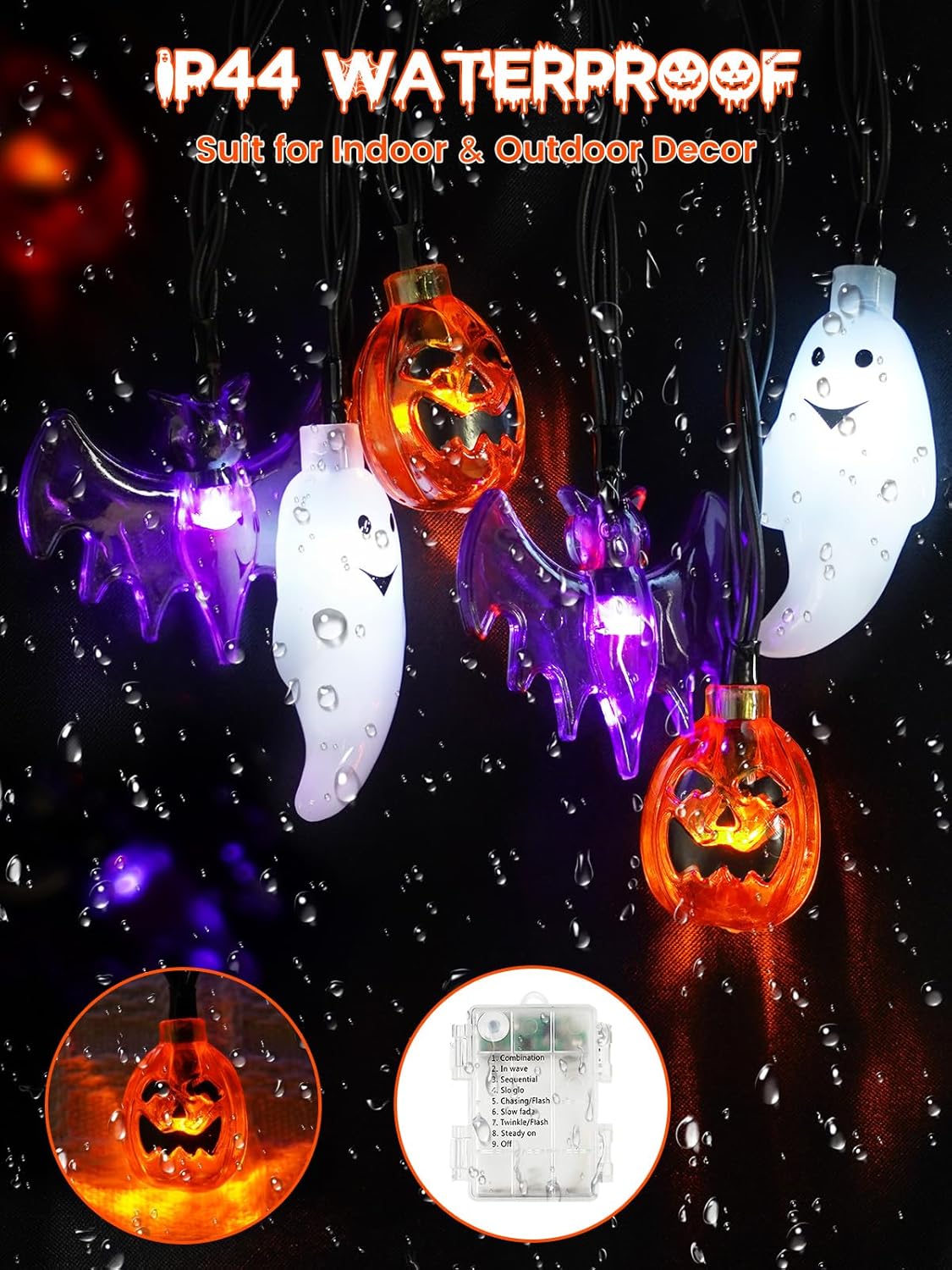 Skiennix Halloween String Lights - 3D Pumpkin, Bat & Ghost Fairy Lights | Battery Operated, 30 LEDs, Waterproof, 8 Modes & Timer for Indoor/Outdoor Decor