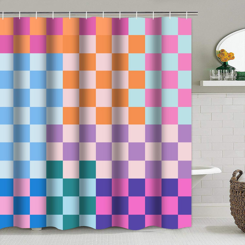 Vostolaiv 4 PCS Checkered Shower Curtain Sets Fun Gingham Bathroom Sets Soft Non Slip Bath Rugs Toilet Cover U-Shaped Mat Retro Bright Waterproof Shower Curtains with 12 Hooks for Tub Toilet, Colorful
