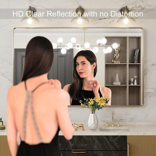 LOAAO Gold Bathroom Mirror - 60”X36” Rounded Rectangle Design | Wall-Mounted, Anti-Rust Tempered Glass