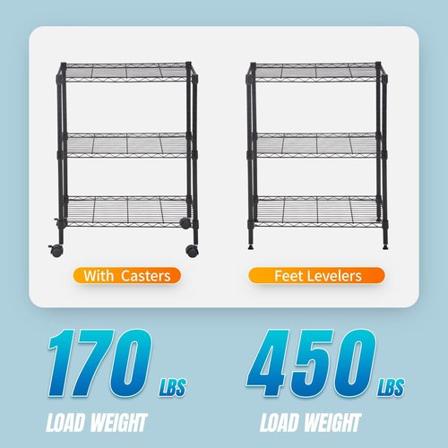 FDW Metal Storage Shelves - 3-Tier Wire Shelving Unit with Wheels for Kitchen & Garage | Black, 23L x 13W x 32H