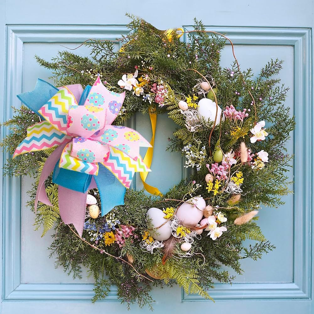 Skiennix Easter Wreath Bow - Pre-Tied Striped Wired Ribbon for Spring Decor | 10x12 Inch, Indoor/Outdoor