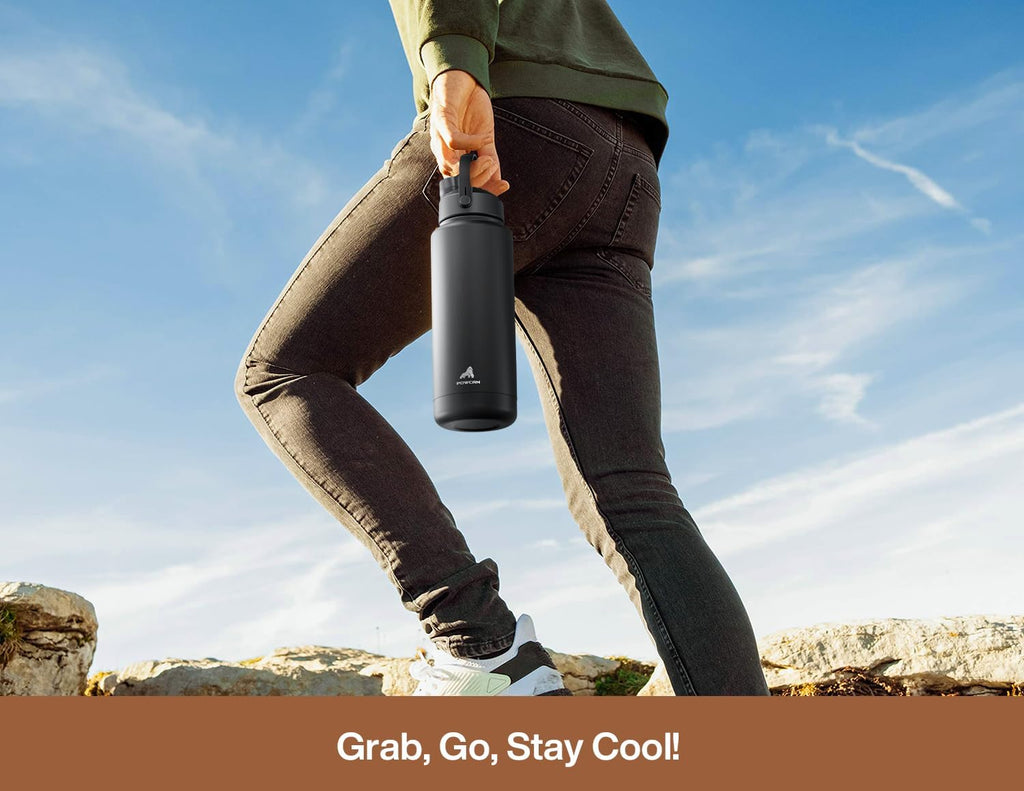 POWCAN 40 oz Insulated Water Bottle - 2-in-1 Straw & Spout Lid, Leak-Proof, BPA-Free | Mocha