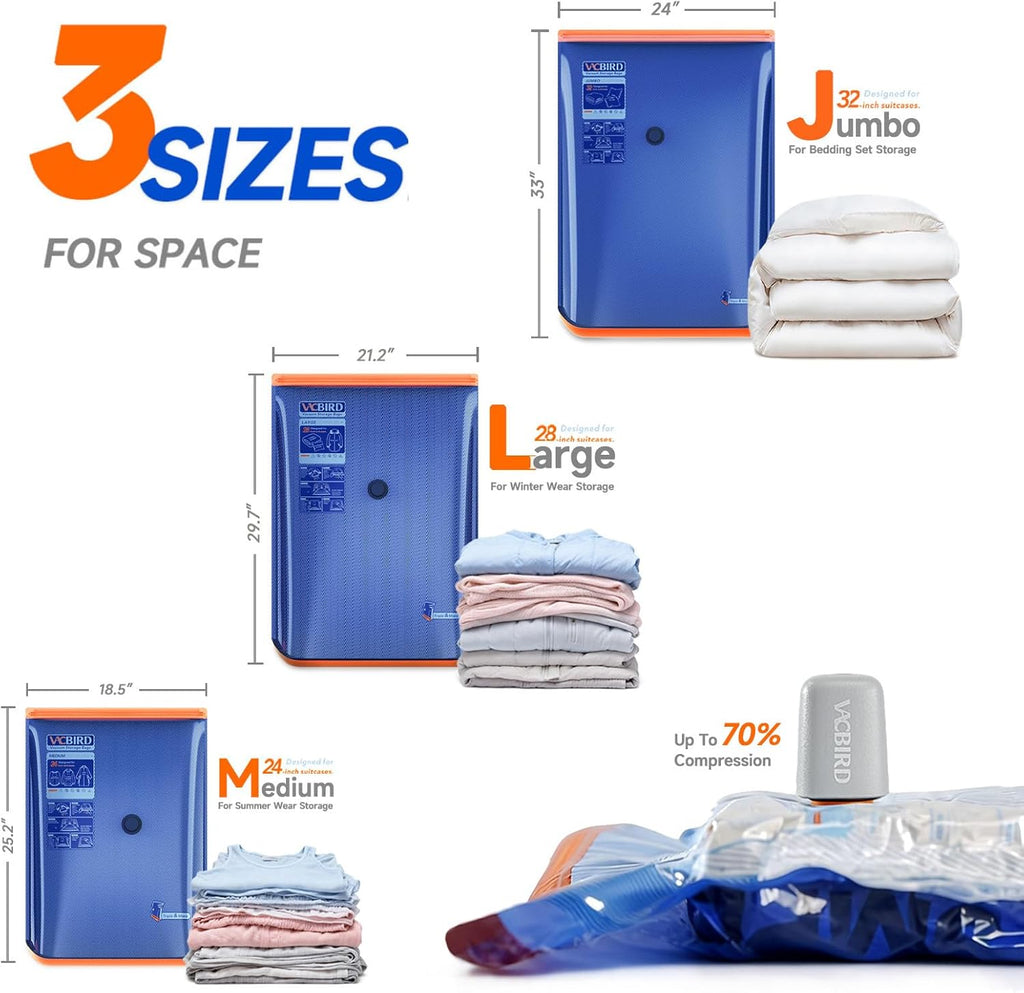 Vacbird Vacuum Storage Bags - 15 Pack Compression Packing Cubes with Rechargeable Pump | Space Saver for Clothes & Blankets