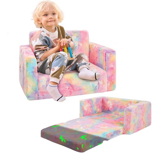 Toddler Couch,Toddler Chair,Kids Sofa Chair 2-in-1 Baby Seat Furniture Fold Out, Convertible Sofa to Lounger Soft Comfy Glow in The Dark Kids Sofa Bed Gifts for Kids Girl Boys,Unicorn