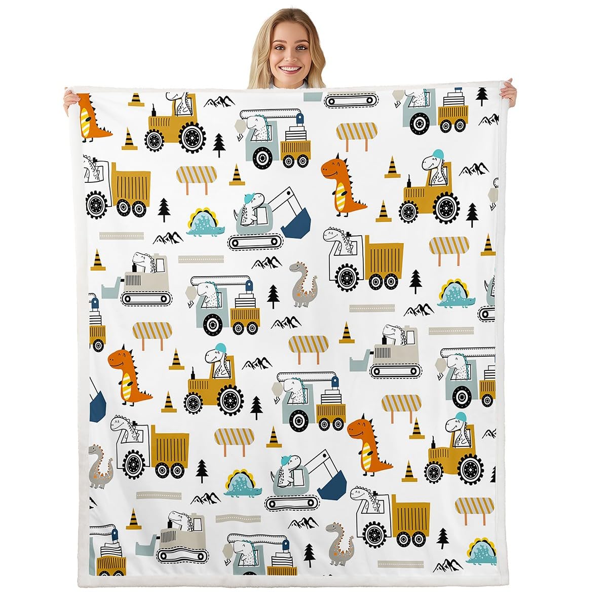 Construction Sherpa Blanket 40"x50" Equipment Trucks Fleece Throw for Kids Boys Girls Decor Dinosaur Plush 3D Digital Print Yellow Fuzzy Bedroom