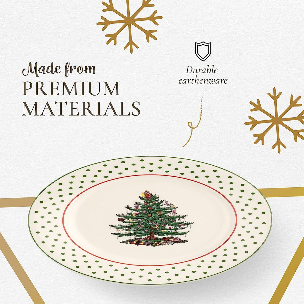 Spode Christmas Tree Polka Dot Dessert Plate (Set of 4) - Festive 8-Inch Stoneware Plates for Holiday Entertaining, Appetizers, Snacks - Microwave, Dishwasher, Freezer Safe Party Appetizer Dishes