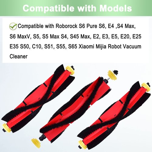 3 Pack Roborock Main Brushes Replacement Parts - Compatible with Roborock S6 Pure, S6 MaxV, E4, S4 Max, S5, S5 Max, S4, E2, E3, E5, E20, E25, E35, S50, S65, Xiaomi Mijia Robot Vacuum Cleaner