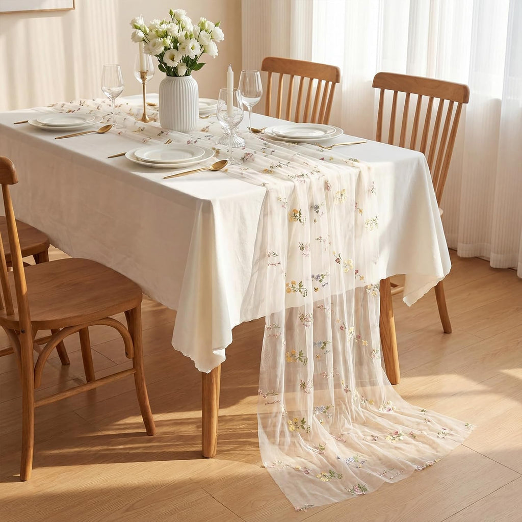 Remagr Floral Table Runner - 9.8 ft Embroidered Tulle for Home Decor, Weddings & Parties