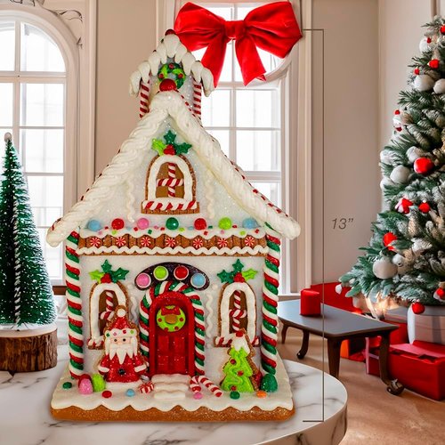 Kurt Adler 13-Inch Gingerbread House Table Piece - Festive Santa Design for Holiday Decor