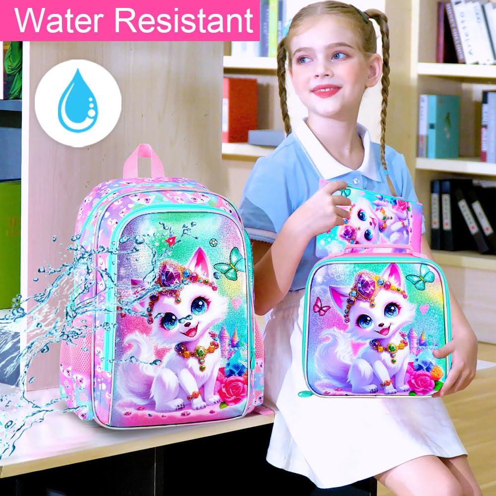 ZLYERT 16" Fox Backpack for Girls, 3Pcs Kids Bookbag for Elementary Preschool Kindergarten, School Backpacks with Lunch Box(Pink)