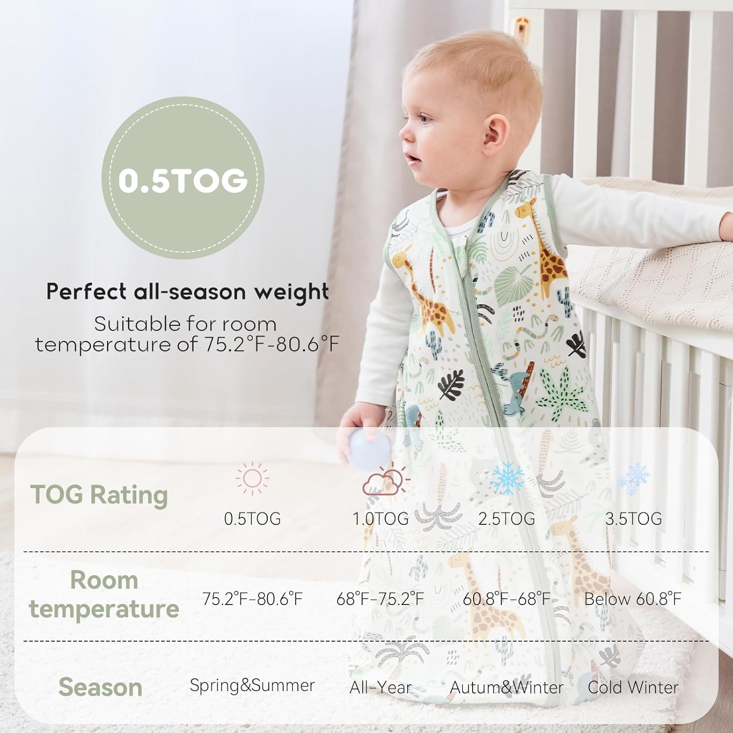 Yoofoss Baby Sleep Sack - 100% Cotton Wearable Blanket for Infants 6-12 Months | Lightweight 2-Way Zipper, Giraffe
