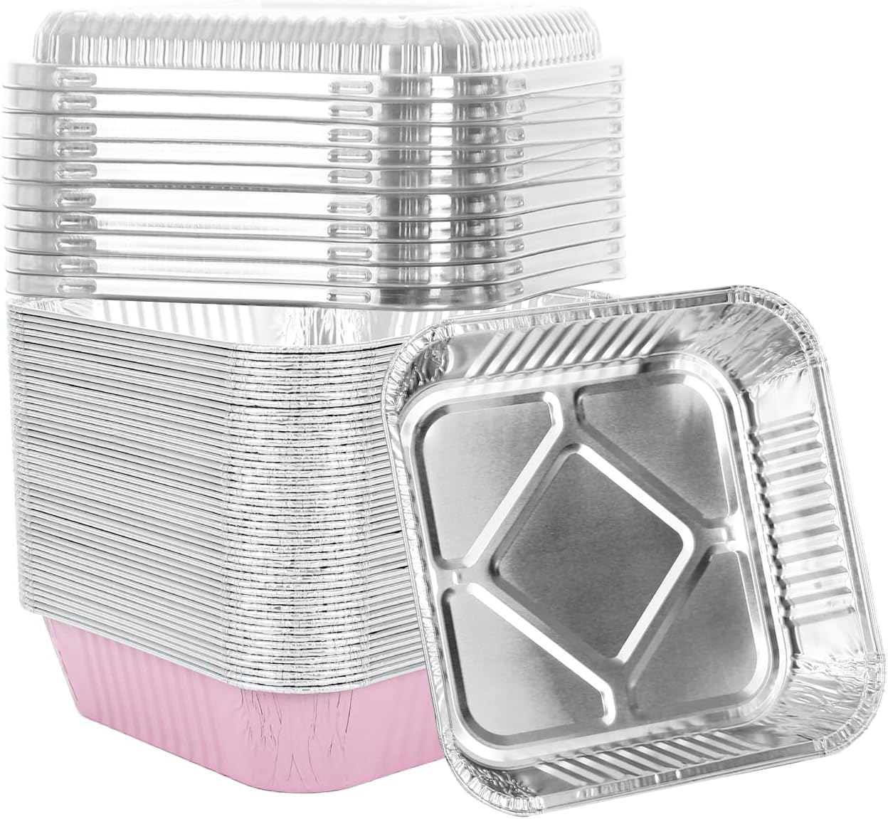 Aluminum Pans 50 Pack - 8"x8" Disposable Foil Containers with Lids for Baking & Storing | Pink