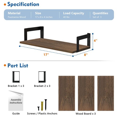 Harwaya Floating Book Shelves for Wall Set of 3, 17 x 8 Inch Deep Wooden Wall Bookshelf for Bedroom Office, Rustic Wood Hanging Wall Shelves for Living Room Kitchen (Dark Brown)