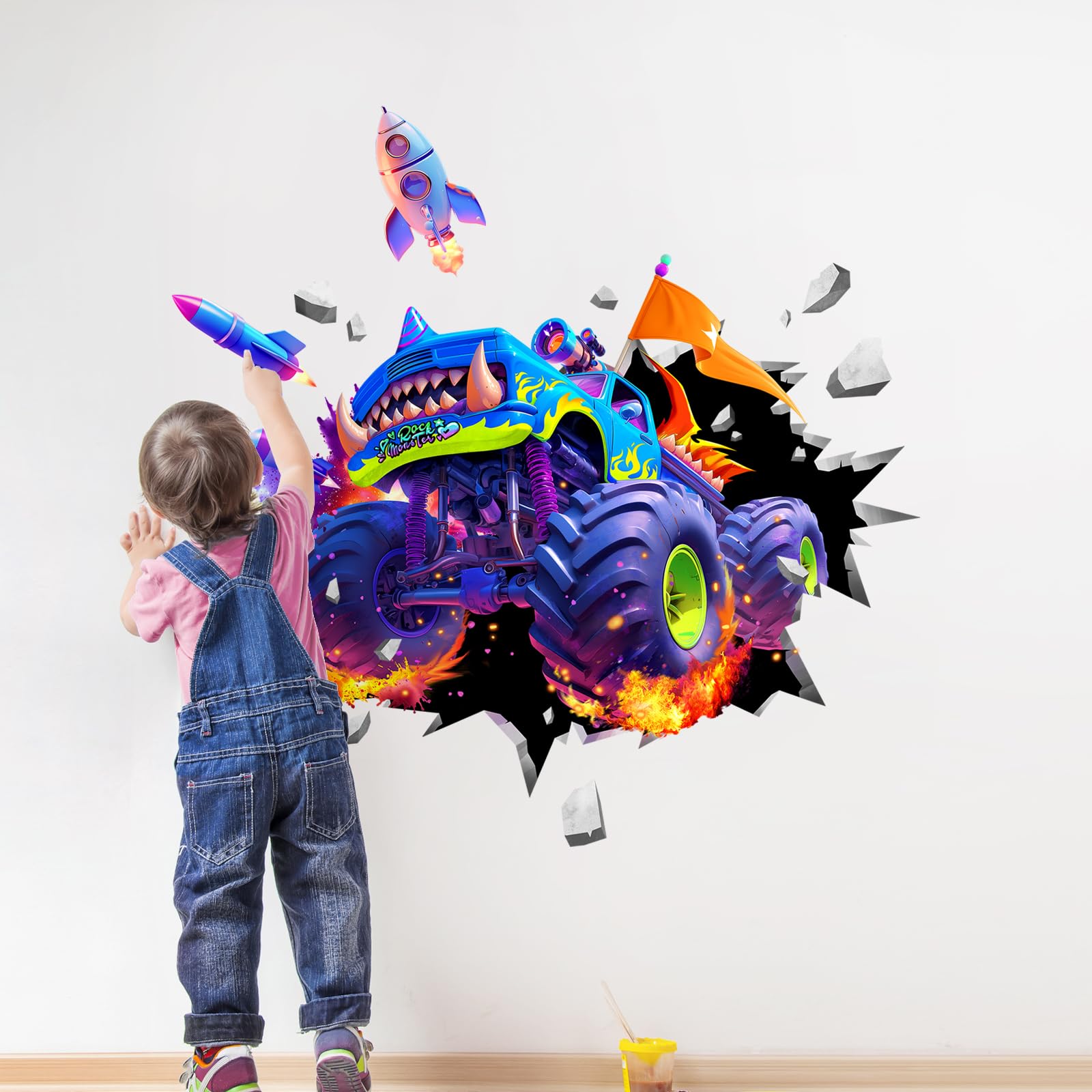 Supzone Monster Truck Wall Decals for Boys, 3D Racing Car Break Through The Wall Vinyl Wall Sticker for Kids Bedroom Nursery Playroom Classroom