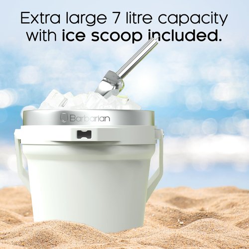 Barbarian Beverage Bucket, Double-Wall Vacuum Insulated Ice Bucket with Lid, Extra Large 7 Litre Capacity with Ice Scoop and Built-In Bottle Opener, White