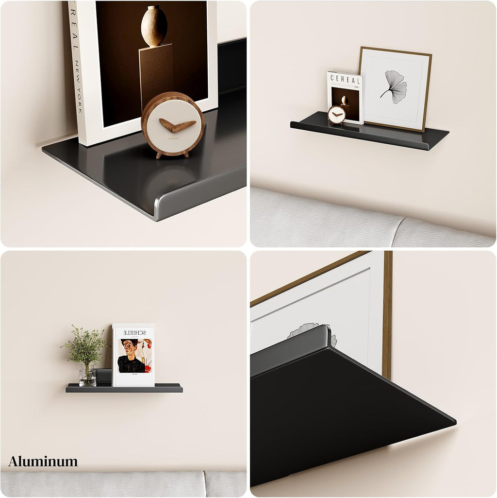 Skiennix Floating Wall Shelf - Modern Off-Center Metal Design for Decor | 12" Black Storage Solution