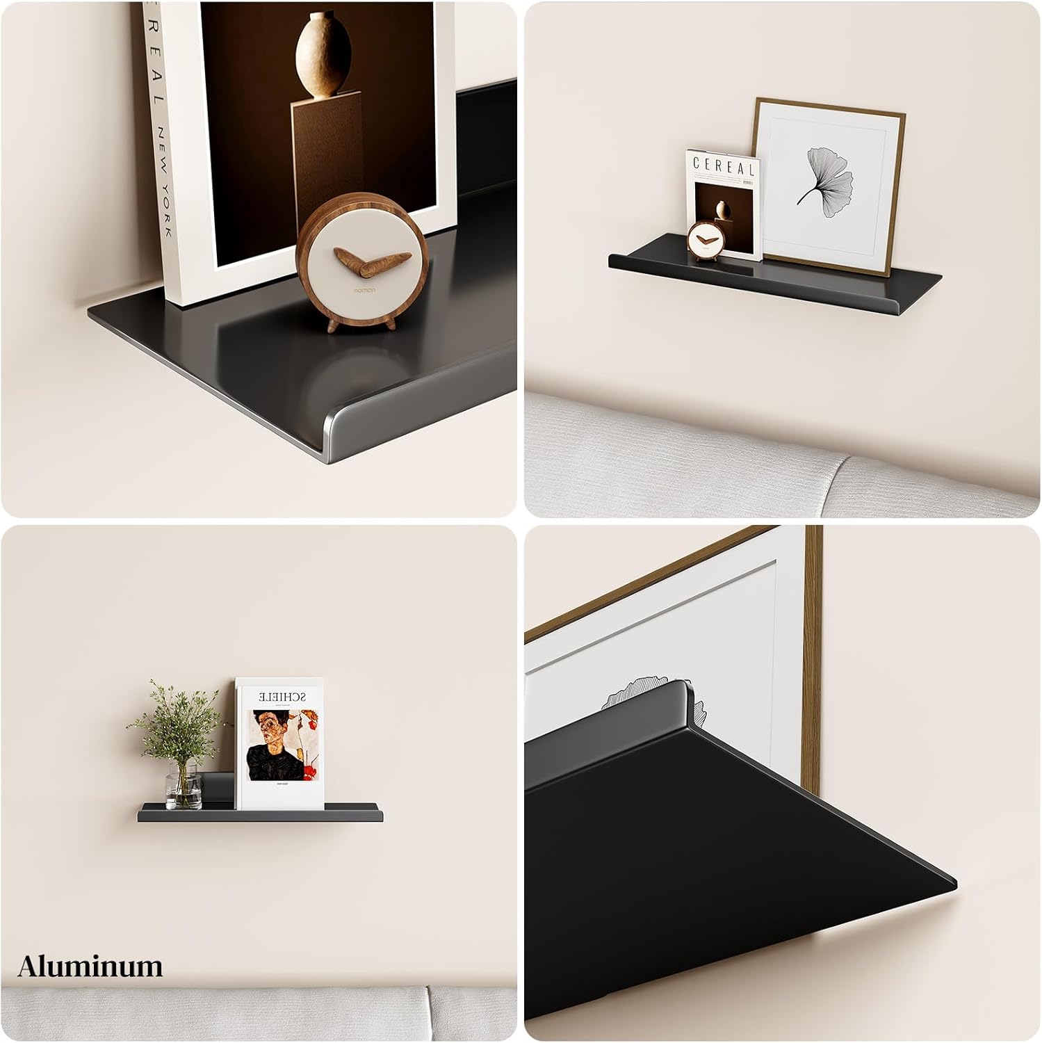 Skiennix Floating Wall Shelf - Modern Off-Center Metal Design for Decor | 12" Black Storage Solution