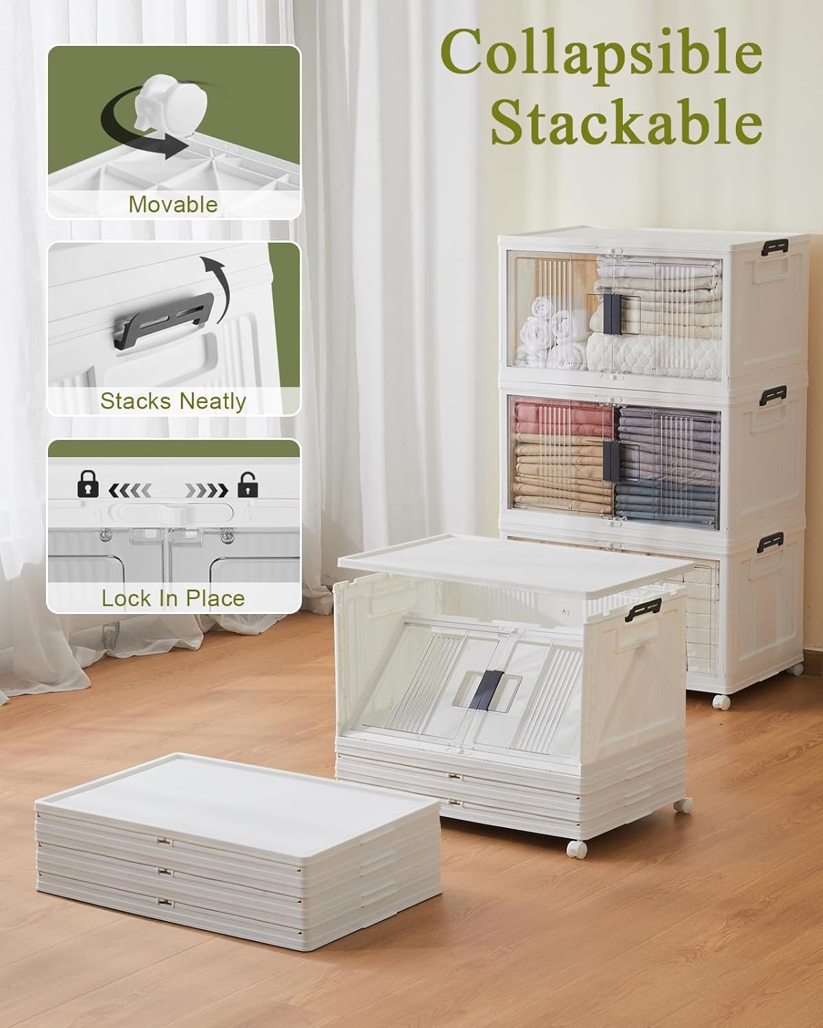 OlarHike 76QT Lockable Storage Bins - Collapsible Plastic Boxes with Lids & Wheels | 3-Pack Organizer Set