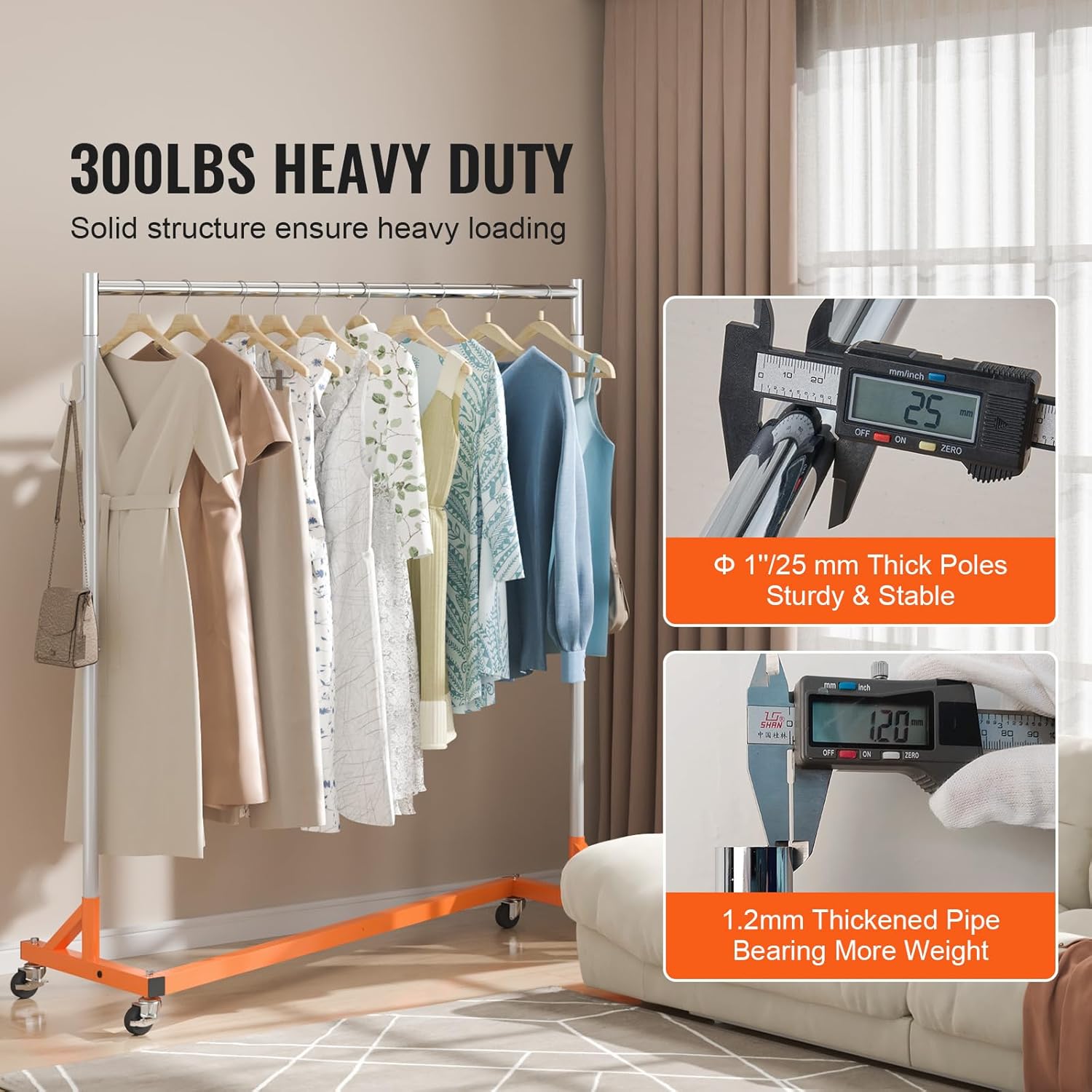 VEVOR Z Rack - Industrial Grade Rolling Garment Rack with Lockable Casters - Sturdy Steel, Orange (3 Sets)