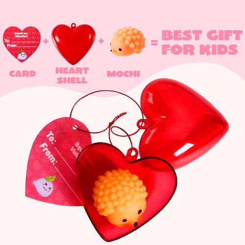 JOYIN 28 PCS Valentine’s Day Mochi Squishy Toys Filled Hearts and Gift Cards for Kids Valentine Classroom Exchange Party Favors, Kawaii Stress Relief Toys for School Game Prizes and Carnivals Gift