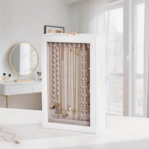 Lolalet Necklace Organizer Box, Jewelry Storage Box with Clear Window for Necklaces Bracelets, Tangle-Free Necklace Display Case for Women Girls, Mothers Day Gift