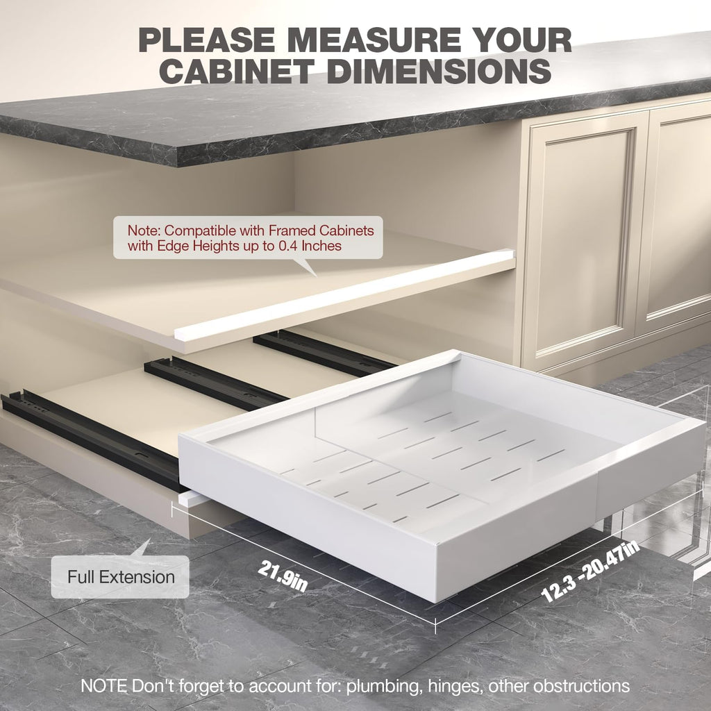 Seinloes 2 Pack Pull Out Cabinet Organizer 22" Deep,Full Extension 3 Slide Rails Slide Out Drawers With Raising Pad for Framed Cabinets,Expandable Width (12.3"-20.5"),No Drill Roll Out shelf,White