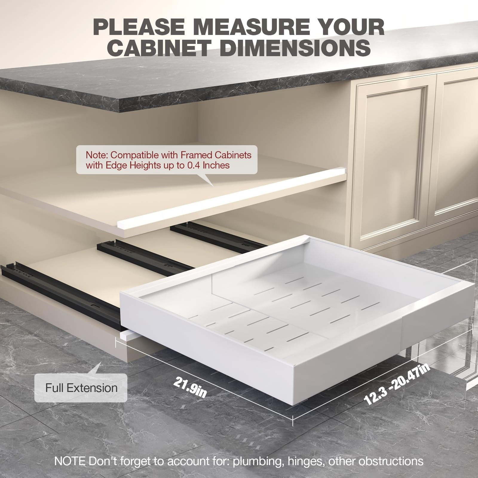 Seinloes 2 Pack Pull Out Cabinet Organizer 22" Deep,Full Extension 3 Slide Rails Slide Out Drawers With Raising Pad for Framed Cabinets,Expandable Width (12.3"-20.5"),No Drill Roll Out shelf,White