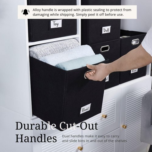 DECOMOMO Black Storage Bins - 11-Inch Cube Felt Baskets with Labels | Set of 6 for Organized Spaces
