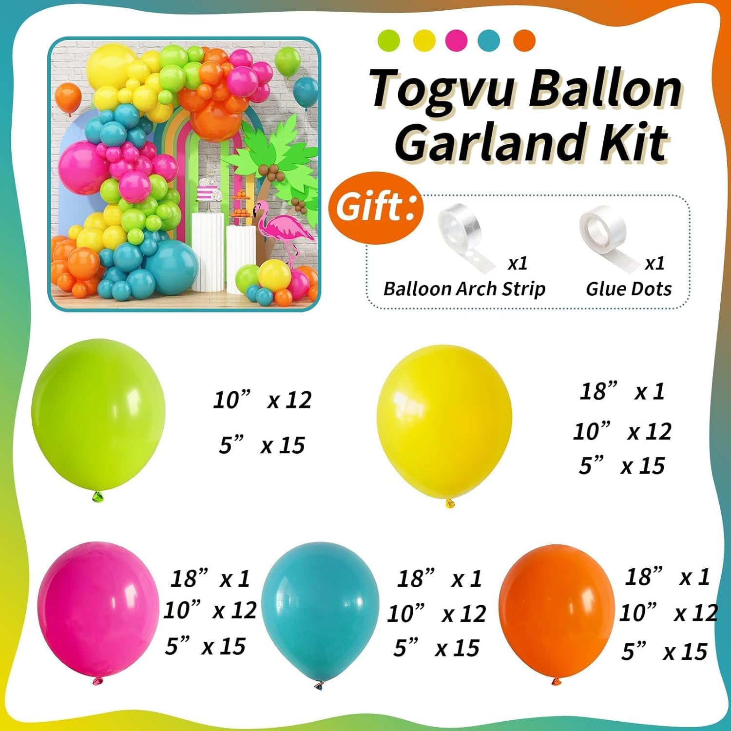 Skiennix 141 Pcs Rainbow Balloon Arch Kit - Vibrant Neon Colors for Tropical Luau & Birthday Celebrations