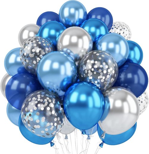 Blue Silver Balloons Set - 12 Inch Navy & Confetti Latex Balloons for Birthday, Graduation, Baby Shower