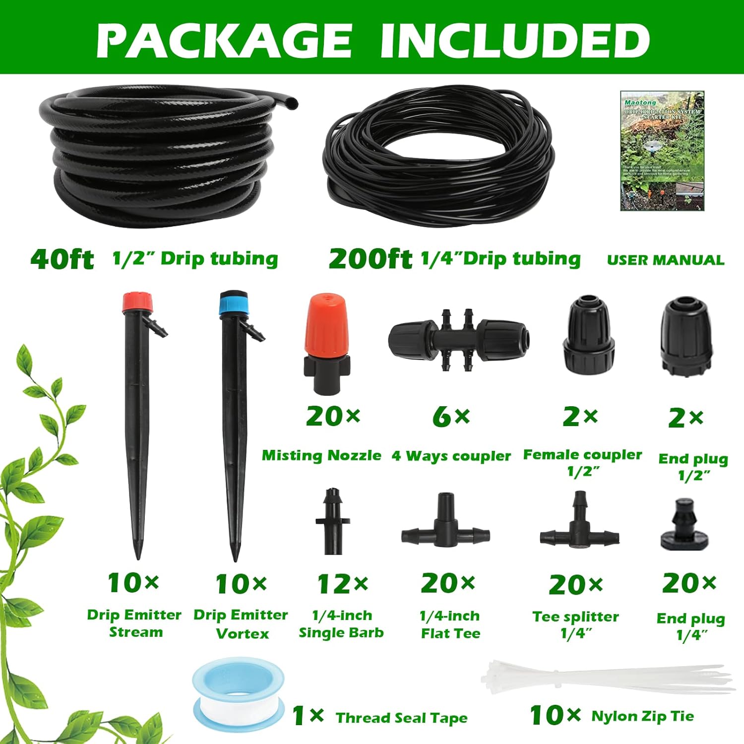 Maotong Drip Irrigation System Kit - Automatic Garden Watering for Greenhouse & Lawn | 240FT with 1/2" Hose & Accessories