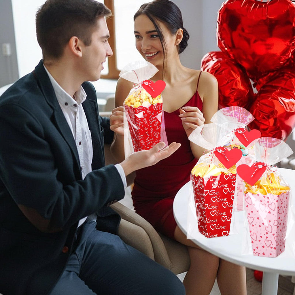 Gueevin 144 Pcs 48 Set Valentine's Day Popcorn Boxes Valentines Party Favor, Valentines Popcorn Boxes Red Pink Heart Cookie Gift Bucket with Bags, Ribbon and Card for Valentine Galentine Home Movie