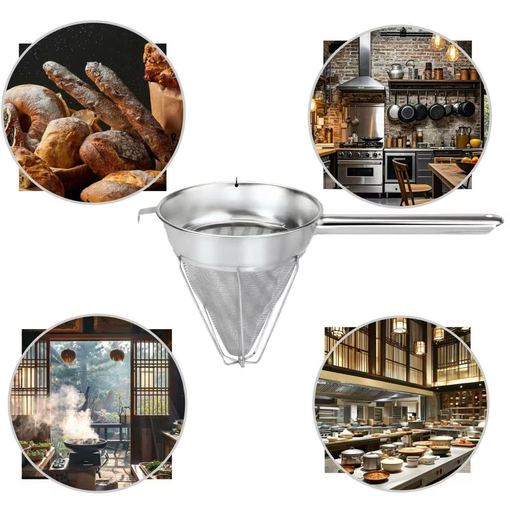 10-Inch Stainless Steel Fine Mesh Chinois Strainer, Large Strainer Reinforced Bouillon Strainer for Sauces, Soups, Purees, Pastes, Jelly, Custard, Curds and etc.