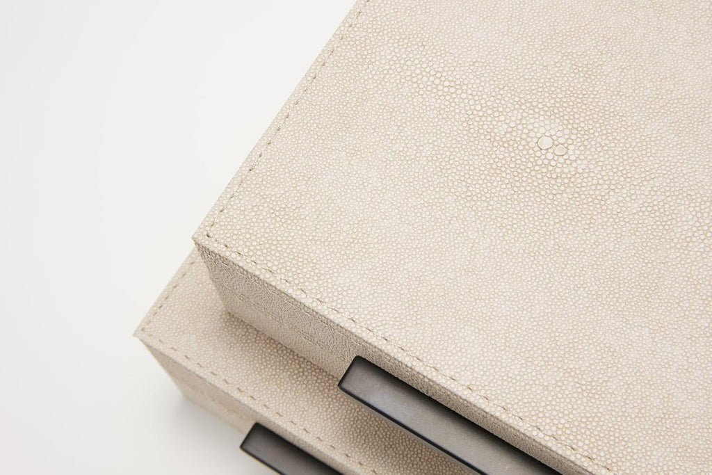 Sagala Ivory Shagreen Decorative Boxes - Set of 2 with Black Metal Handles | Modern Faux Leather Storage Solutions