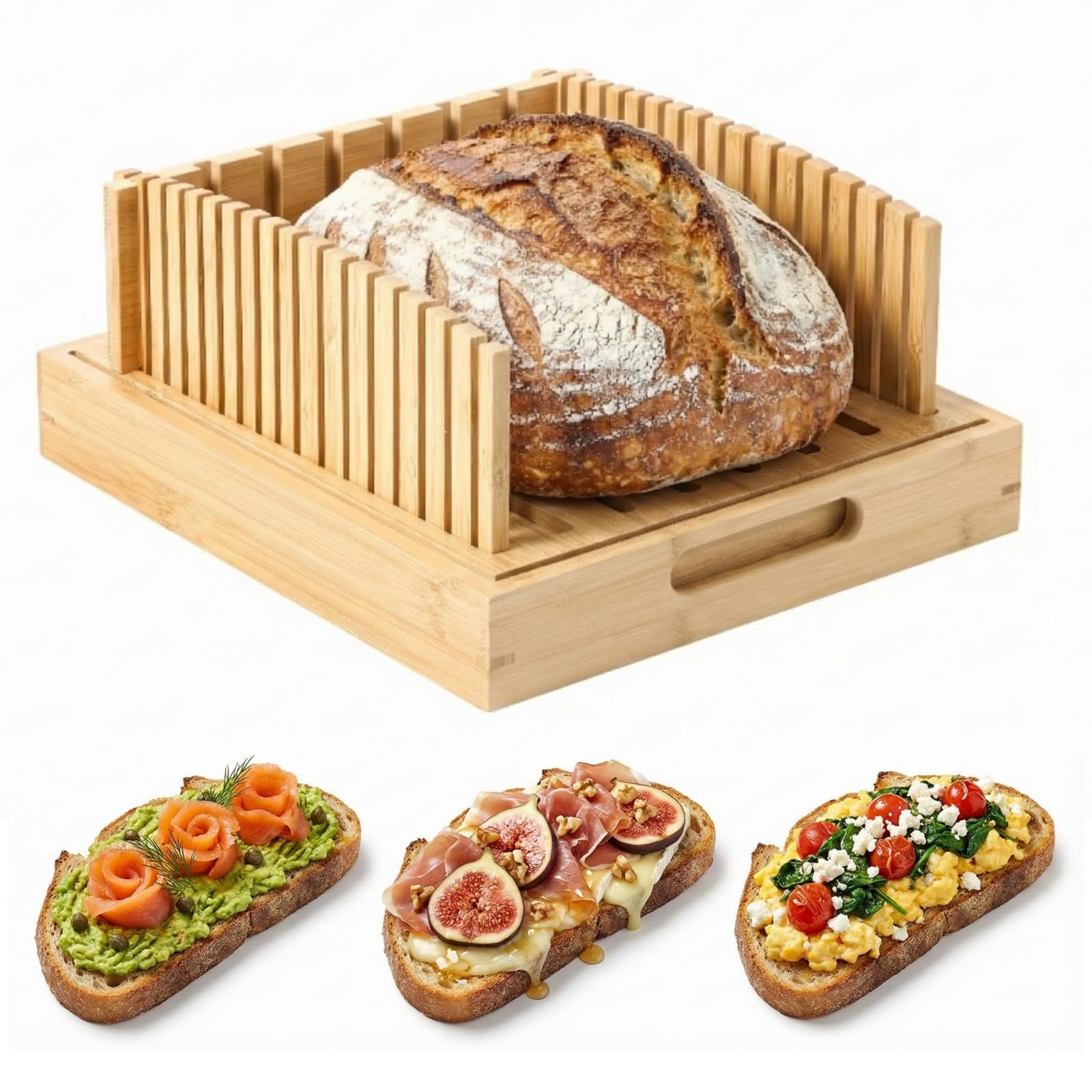 10.5" Bamboo Bread Slicer for Homemade Bread - Sourdough Slicing Guide with Crumb Catcher & Stable Mortise-Tenon Structure - Baking Gifts for Valentine's Day