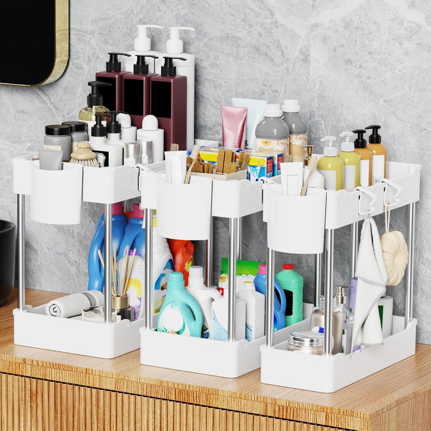 Skiennix Under Sink Organizers - 3 Pack 2-Tier Bathroom Cabinet Shelf with Hanging Cups | White