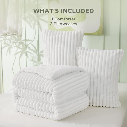 Bedsure Queen Comforter Set - GentleSoft™ 3 Pieces Fluffy Double-Side Fleece Comforter Set, Cozy Striped Room Decor Aesthetic, Luxury Bright White Bedding Queen Size with 2 Pillowcases, 90x90 Inches
