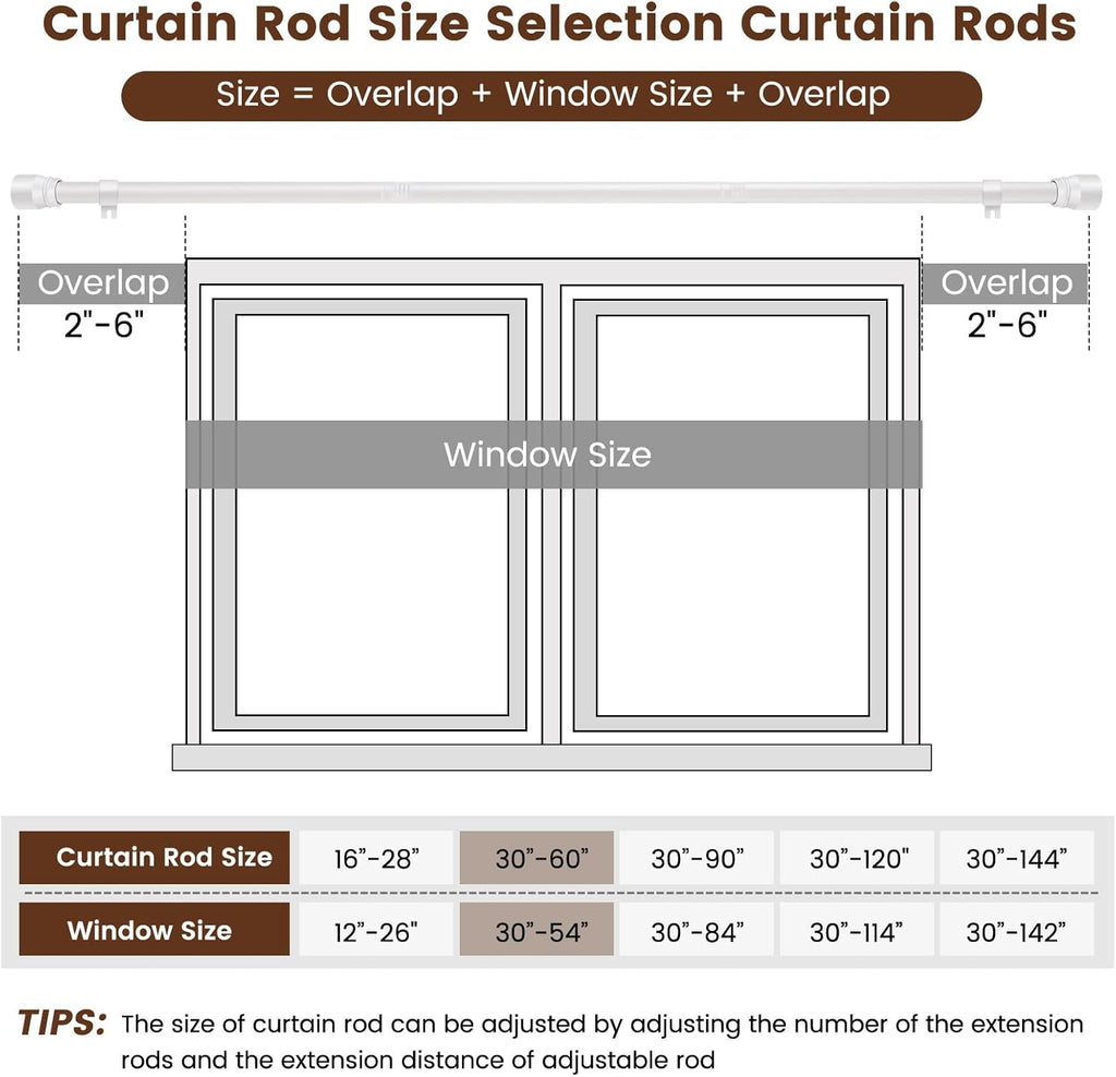 Skiennix 1” Diameter Adjustable Curtain Rod - Heavy Duty Matte White | Fits 30-54 Inch Windows